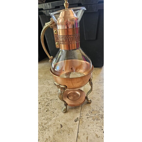 Vintage Copper Brass Coffee Carafe Glass Pot with Warmer & Stand - Picture 7 of 7